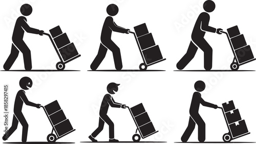 Set of Stick Figure Man Pushing Hand Truck with Boxes Silhouette, Delivery Black and White Vector Illustration