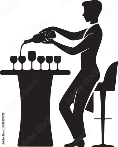 Sommelier Pouring Wine at High Table Silhouette, Elegant Drink Service Black and White Vector Illustration