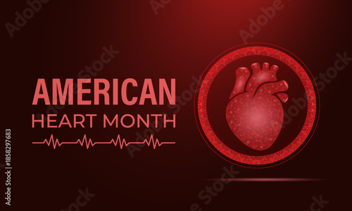 American Heart Month . Futuristic medical heart anatomy in low-poly triangular style glowing on dark blue background, healthcare immunity concept.