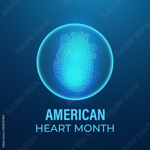 American Heart Month . Futuristic medical heart anatomy in low-poly triangular style glowing on dark blue background, healthcare immunity concept.