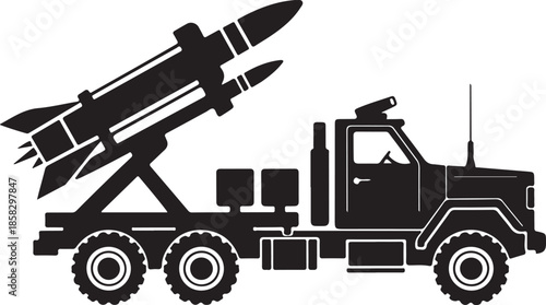Rocket Launcher Truck with Missiles Silhouette, Black and White Military Vector Illustration