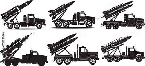 Set of Rocket Launcher Truck with Missiles Silhouette, Black and White Military Vector Illustration
