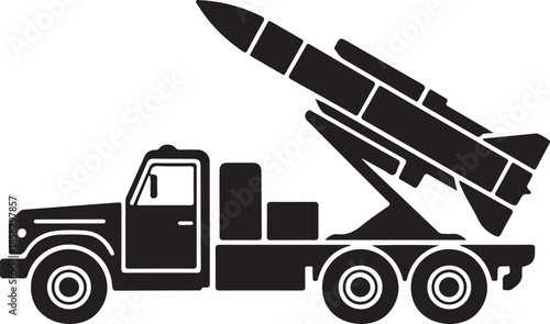 Rocket Launcher Truck with Missiles Silhouette, Black and White Military Vector Illustration