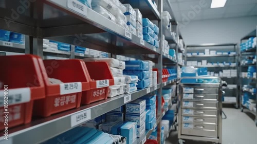 Blurry view of industrial shelving stocked with various medical supplies in a storage room with metal drawers.