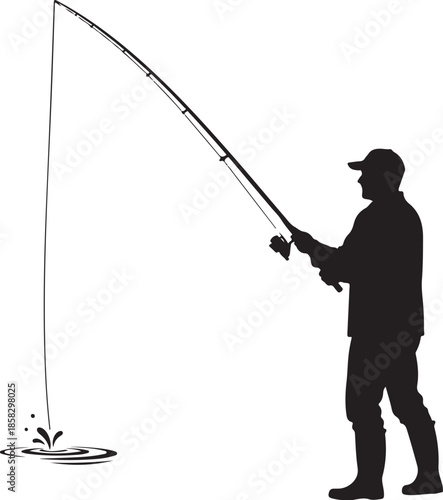Man fishing with rod and reel in water silhouette