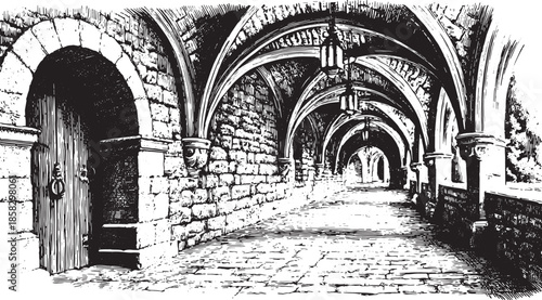 Black and white engraving of a medieval monastery hallway. Features stone walls and arches in a textured vector illustration.