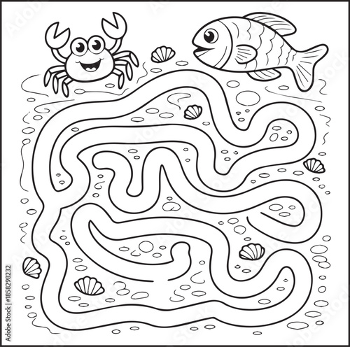 Cute crab and fish ocean animal playing maze game black line art vector illustration doodle for kids coloring page design 