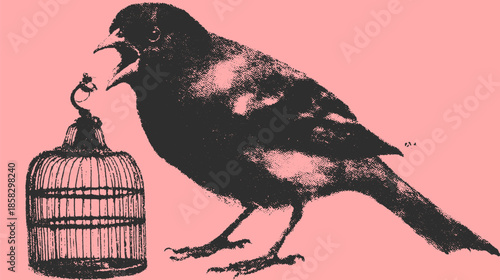 Vintage bird illustration with a cage in black. Simple graphic design set showcasing artistic elements in vector format.
