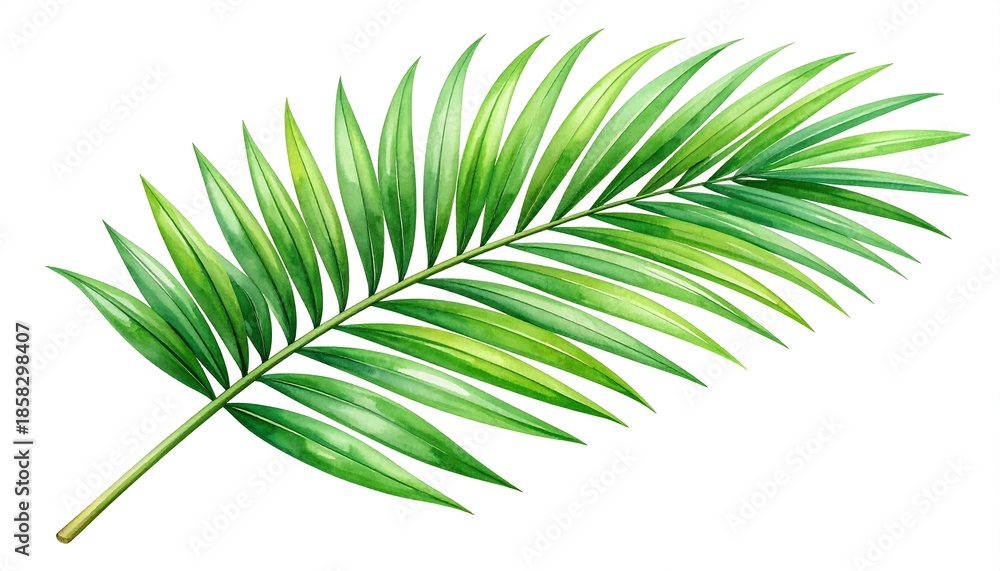 Fototapeta premium A digitally rendered, vibrant green palm frond, showcasing detailed leaf structure and delicate shading, set against a white backdrop