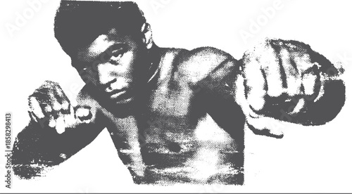 Boxer in action performing a punch. Dynamic illustration showcasing strength and intensity in a powerful vector style set.