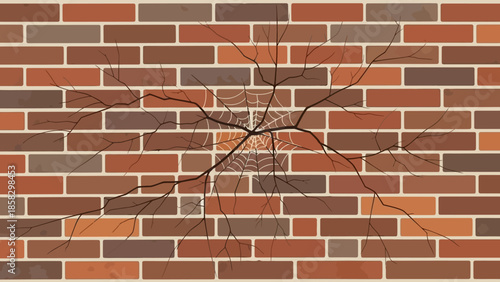Brick Wall with a Crack and Spiderweb Illustrative View of Damage and Texture
