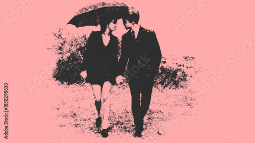 Couple walking together under an umbrella in a flat style. A modern digital vector illustration with a pink background.