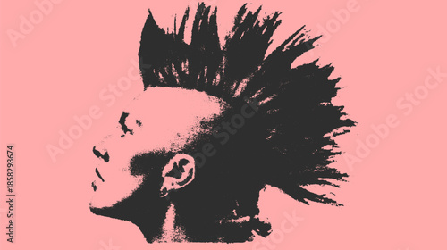 Punk hairstyle with a mohawk in a bold black vector illustration. Simple and minimalistic graphic art showcasing culture and expression.