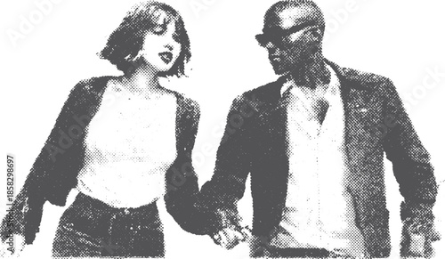 Couple in modern fashion holding hands. Stylish black and white vector illustration capturing youthful expression in an urban scene.