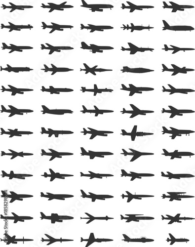 Large collection of commercial airplane and passenger jet silhouettes, various aircraft models isolated on white background, aviation vector design elements.