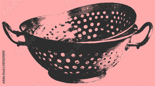 Colander kitchen utensil in simple black design. Isolated vector illustration highlights its functionality in cooking.