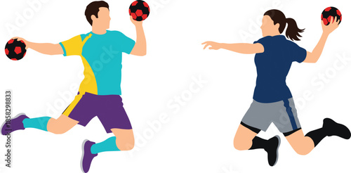Male and Female Professional Handball Players Jumping to Throw Ball During Action Sports Match for Athletics Team Competition and Training