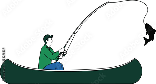 Male Fisherman Sitting in Canoe Boat Catching Fish with Rod and Reel During Outdoor Summer Hobby Activity Recreation Vector Illustration