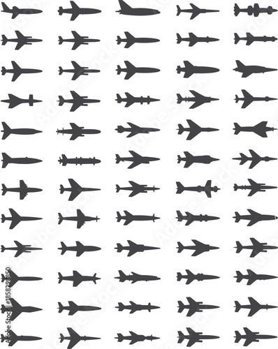 Large collection of fighter jet and military airplane silhouettes, various aircraft models isolated on white background, aviation vector design elements.