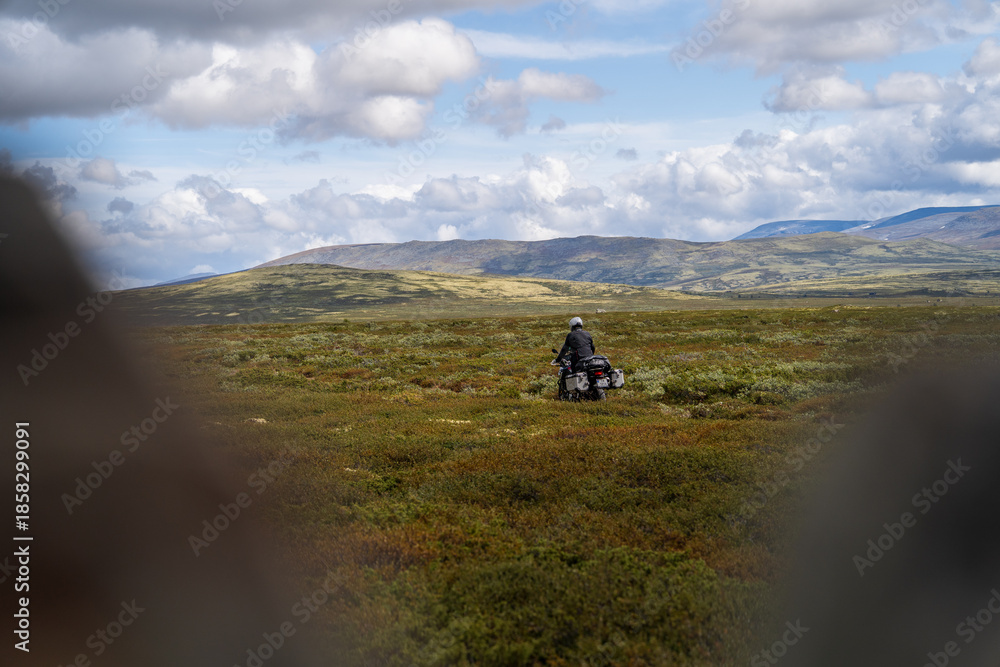Obraz premium Lone Motorcyclist Crossing Vast Open Landscape