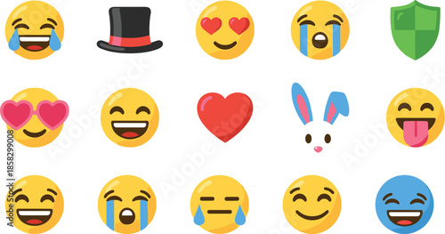 Set of Colorful Emoji Faces Heart Shapes and Social Icons Representing Digital Communication Online Emotions Messaging and Modern Social Media Interaction Concepts