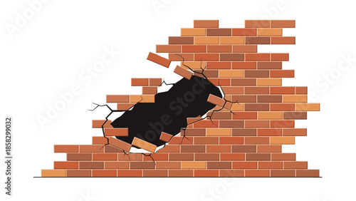 Broken brick wall with a large hole Vector illustration of damage and destruction