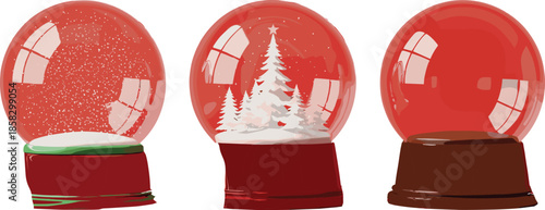 Set of decorative red snow globes featuring winter scenes, holiday charm, festive ornaments, and Christmas-themed collectibles for seasonal decoration displays.