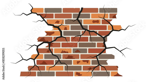 Cracked Brick Wall Illustration Grunge Texture, Damage Concept, Brickwork Design, and Background