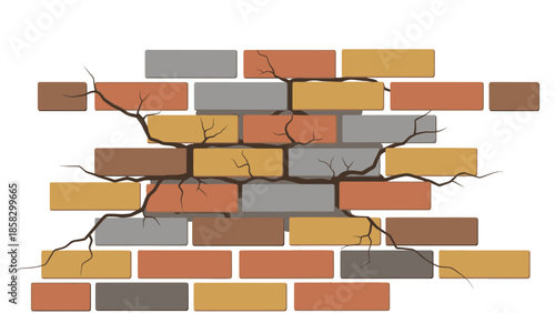 Cracked Brick Wall Illustration Grunge Texture, Architectural Detail, Damage Concept