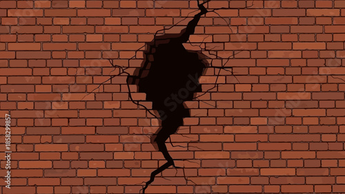 Cracked Brick Wall Texture Close-Up of Damaged Masonry with a Large Vertical Crack