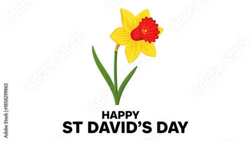 Graphic celebrates "Happy St. David's Day," with large green text on a white background. The central image features a stylized red Welsh dragon, a national symbol. 