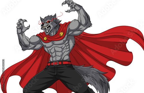 Anthropomorphic wolf warrior illustration, muscular fantasy character with red cape and glowing eyes, dynamic pose concept art for games, comics