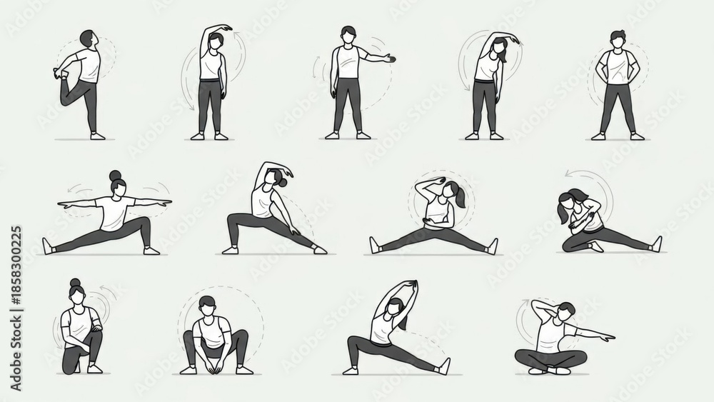 Fototapeta premium Diverse collection of warm-up and stretching exercises for full-body flexibility and workout