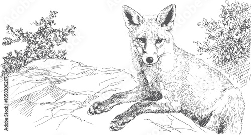 Fox illustration resting on a rock in a natural setting. Detailed black and white vector illustration showcasing wildlife and surrounding scenery.
