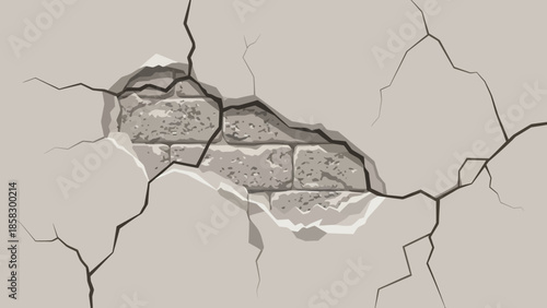 Cracked wall reveals brick texture A graphic illustration of damage, decay, and construction