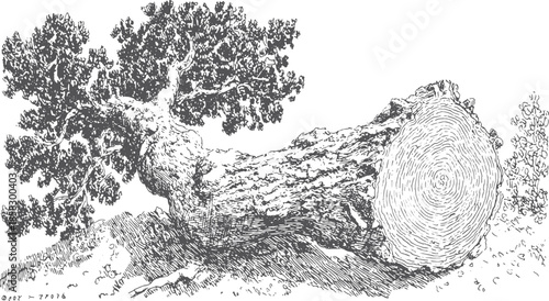 Detailed tree and log vector illustration showcasing wood texture and natural elements in a black and white aesthetic.