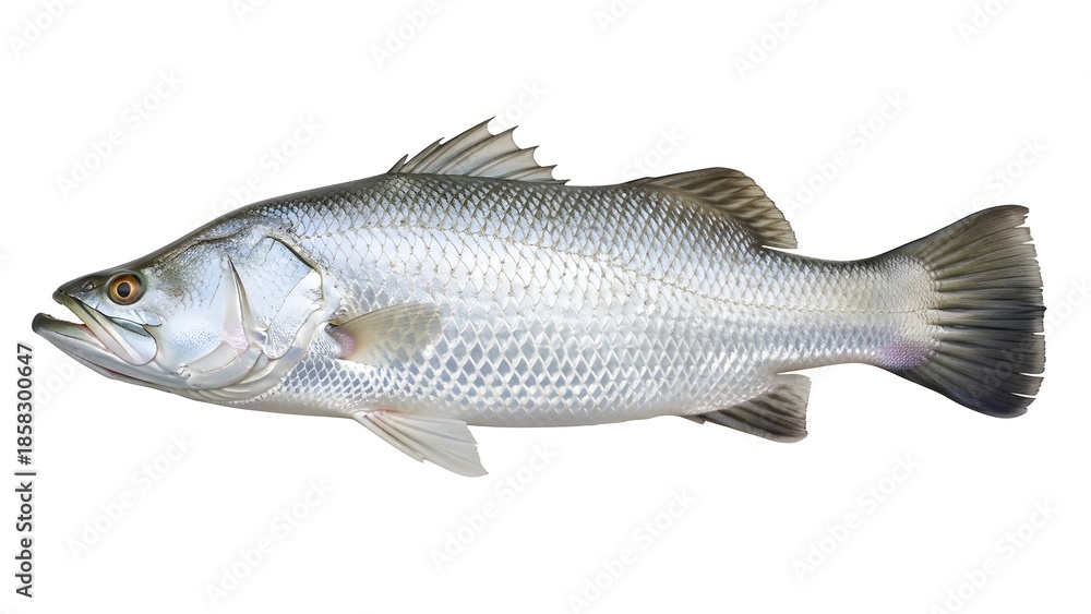 Fototapeta premium Silver fish isolated on white background with fins and scales