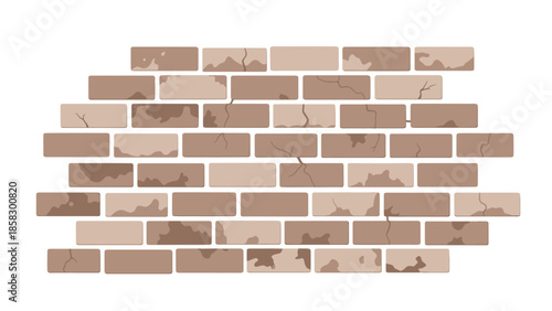 Illustration of a brown brick wall texture with cracks and imperfections, isolated on white