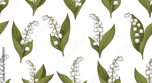 Seamless pattern of lily of the valley flowers with green leaves and white bells on a white background for fabric prints.