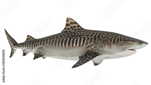 Tiger shark isolated on white background with detailed stripes and fins