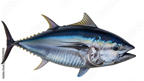 Vibrant tuna fish isolated on white background with detailed scale texture