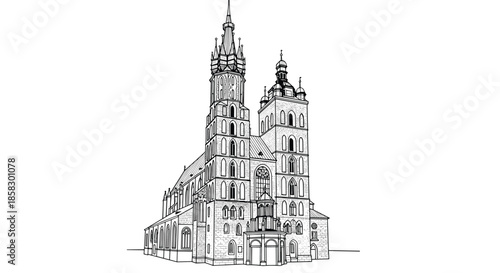Hand drawn sketch of Saint Marys Basilica in Krakow Poland showing the Gothic architecture and detailed twin towers structure.