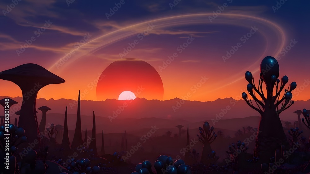 Naklejka premium Dramatic sunset over alien landscape with unique flora and celestial ring feature