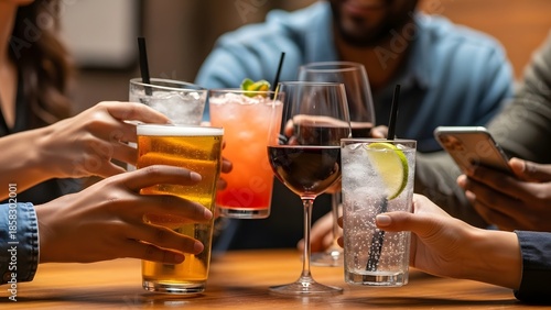 People toasting various alcoholic beverages in a social gathering environment