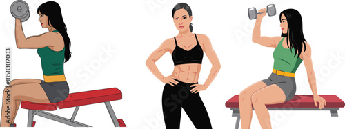 A Comprehensive Fitness Illustration Set Featuring Toned Female Athletes Performing Seated Dumbbell Overhead Presses and Posing in Athletic Wear on Weight Benches.