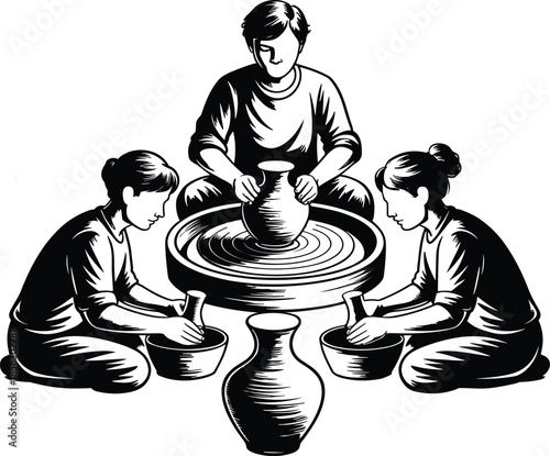 A Focused High-Contrast Woodcut Illustration Depicting Three Artisans Working at Pottery Wheels to Create Hand-Crafted Ceramic Vases and Vessels.