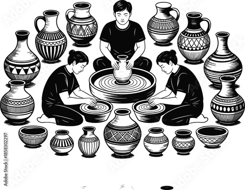 A High-Contrast Black and White Illustration of Artisans Working at Pottery Wheels Surrounded by a Large Collection of Ornate Patterned Ceramic Vases.