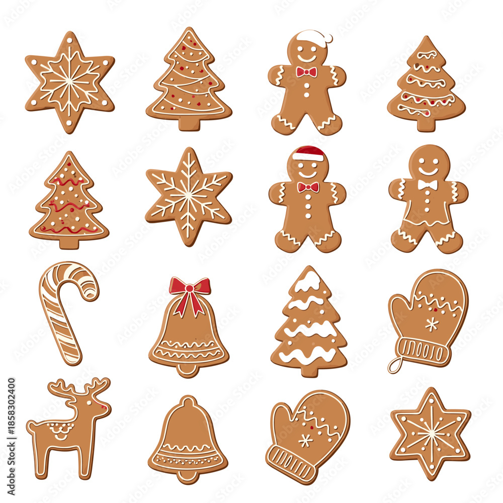 Fototapeta premium Traditional festive christmas gingerbread cookies shaped like stars trees bells gingerbread men candy canes and mittens with white icing.