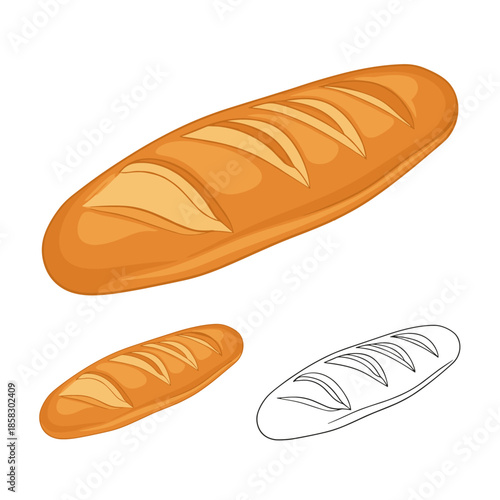Long crispy french baguette bread shown in a large detailed color version and smaller variations including a simple black and white outline.