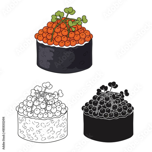 Delicious sushi gunkan maki topped with a generous portion of red fish caviar and garnished with fresh green microgreens for fine dining.